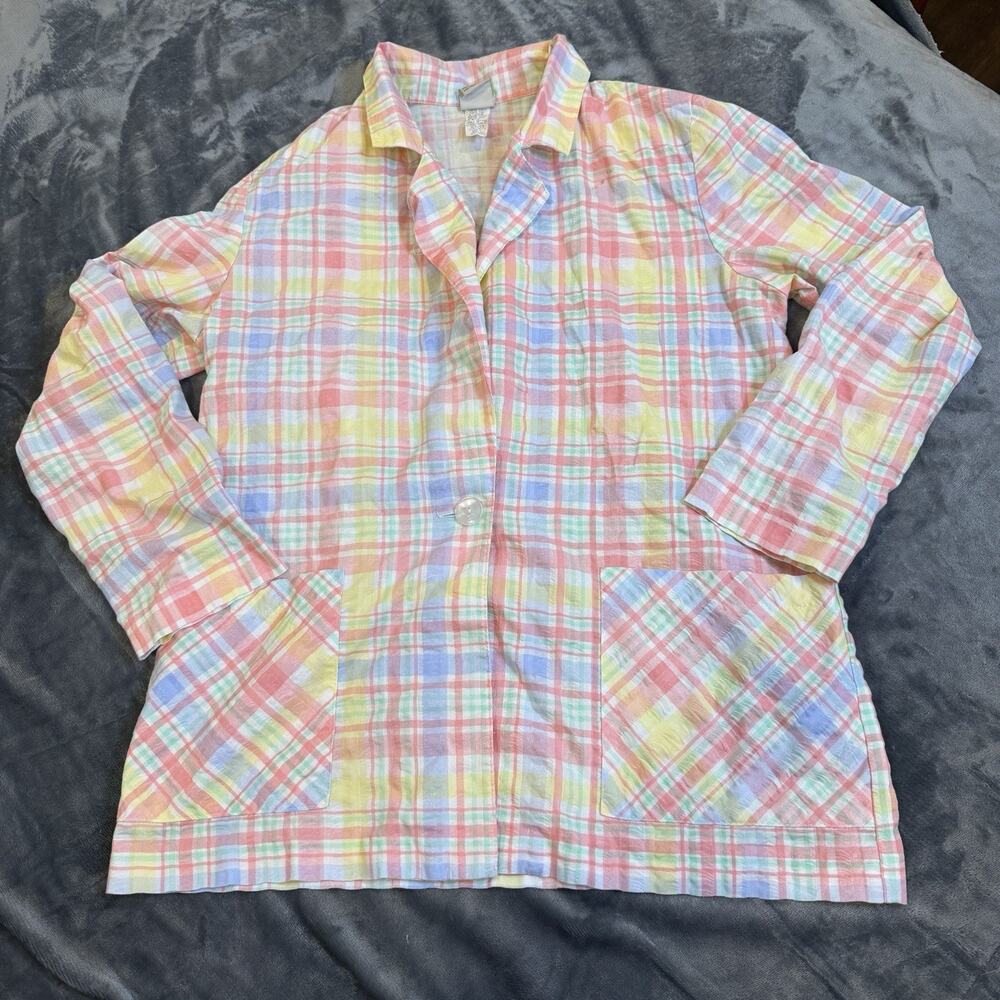VTG 80s 90s Haband Pastel Plaid Sz M Shirt Jacket Seersucker Lightweight Stains